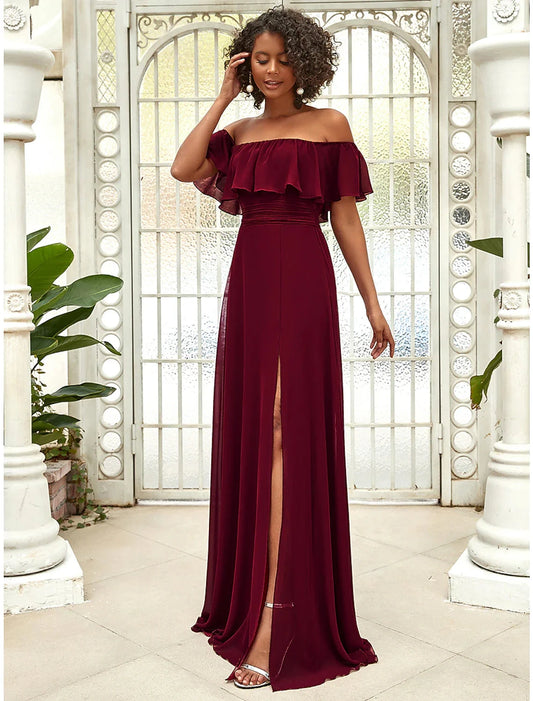 A-Line Bridesmaid Dress Off Shoulder Sleeveless Elegant Floor Length Chiffon with Ruffles / Draping / Solid Color by YiHuiw