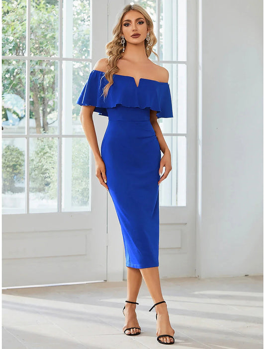 Sheath / Column Wedding Guest Dresses Minimalist Dress Party Wear Tea Length Short Sleeve Off Shoulder Fabric with Slit Pure Color by YiHuiw