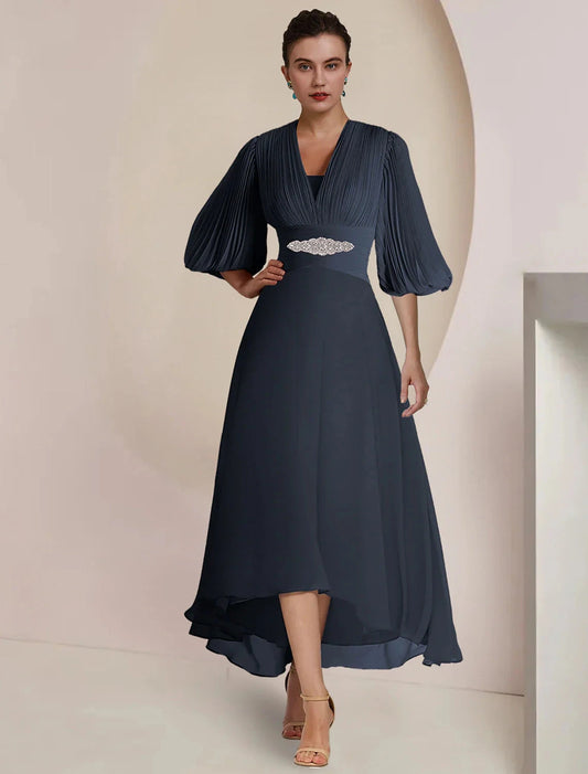 A-Line Mother of the Bride Dress Formal Wedding Guest Party Vintage Elegant V Neck Tea Length Chiffon 3/4 Length Sleeve with Pleats Crystals by YiHuiw