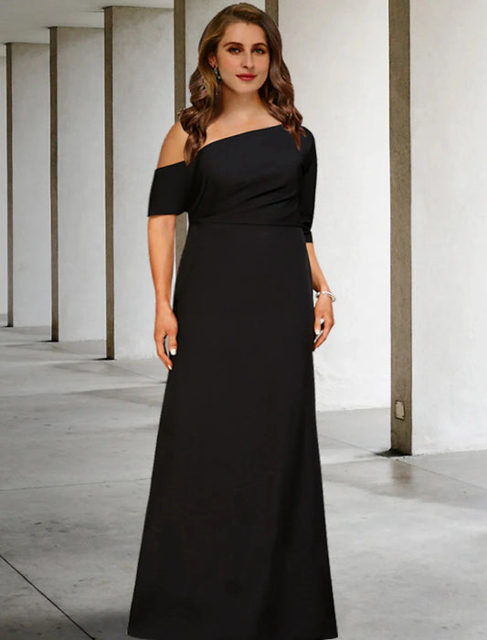 A-Line Plus Size Curve Mother of the Bride Dresses Vintage Dress Party Wear Floor Length 3/4 Length Sleeve One Shoulder Fabric with Ruched by YiHuiw