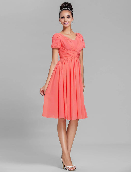 Sheath / Column Bridesmaid Dress V Neck Short Sleeve Vintage Inspired Knee Length Chiffon with Ruched / Draping by YiHuiw
