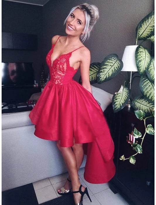 A-Line Prom Dresses Party Dress Homecoming Asymmetrical Sleeveless V Neck Satin with Pleats by YiHuiw