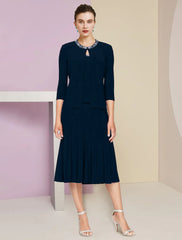 A-Line Mother of the Bride Dress Wedding Guest Elegant Petite Jewel Neck Knee Length Fabric 3/4 Length Sleeve with Pleats Crystals