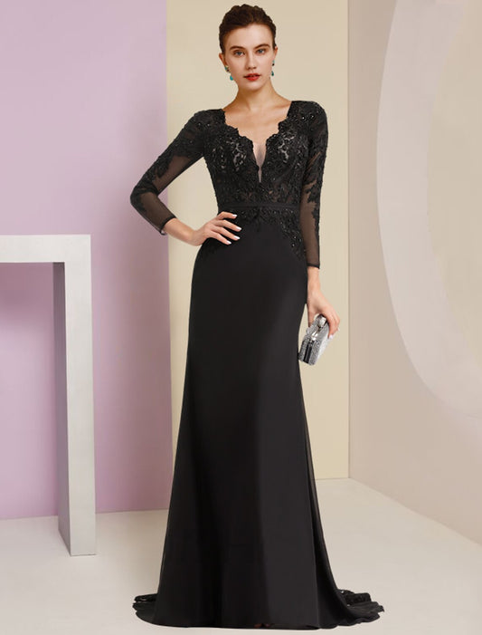 Sheath / Column Mother of the Bride Dress Wedding Guest Vintage Party V Neck Court Train Chiffon Lace Long Sleeve with Sequin by YiHuiw