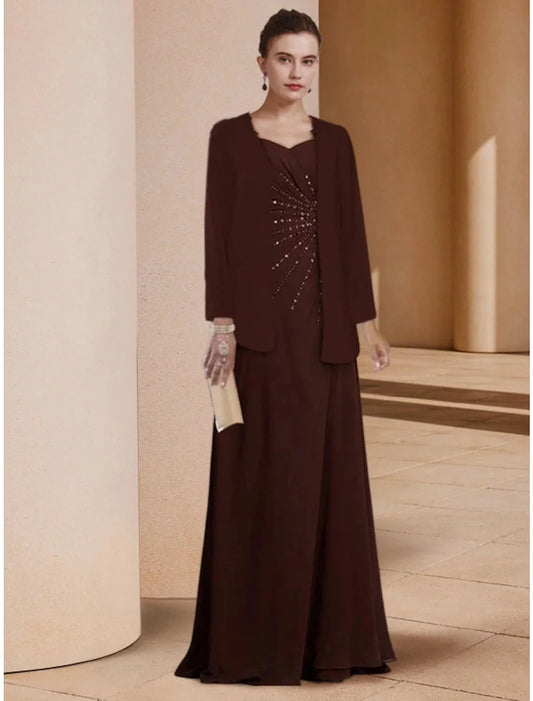 Sheath / Column Mother of the Bride Dress Wedding Guest Elegant Scoop Neck Floor Length Chiffon Long Sleeve with Sequin Ruching by YiHuiw