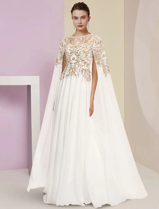 Sheath / Column Mother of the Bride Dress Wedding Guest Party Luxurious Jewel Neck Floor Length Chiffon Lace Sequined Long Sleeve with Pleats by YiHuiw