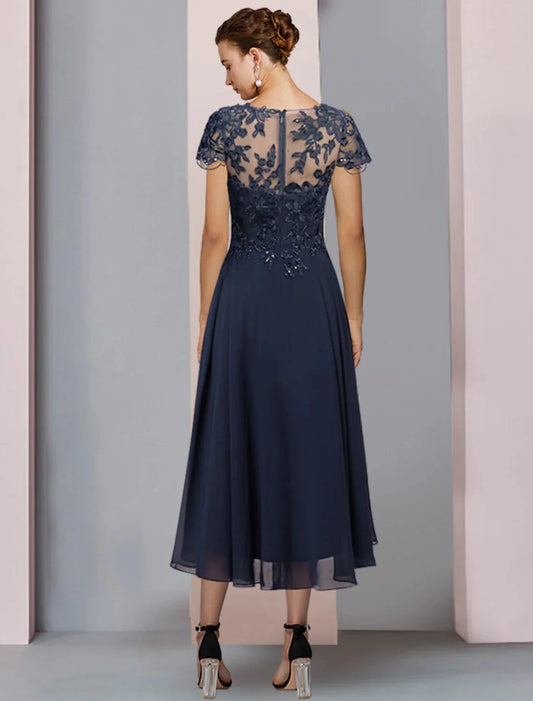 A-Line Mother of the Bride Dress Formal Wedding Guest Elegant Scoop Neck Jewel Neck Tea Length Chiffon Lace Short Sleeve with Pleats Sequin Appliques by YiHuiw