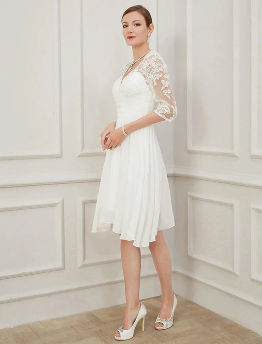 Reception Little White Dresses Fall Wedding Dresses A-Line V Neck Half Sleeve Knee Length Chiffon Bridal Gowns With Draping Appliques Summer Wedding Party Women‘s Clothing by YiHuiw