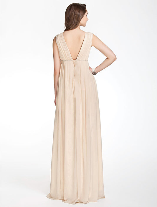 A-Line Bridesmaid Dress V Neck Sleeveless Beautiful Back Floor Length Chiffon with Pleats / Beading / Draping by YiHuiw