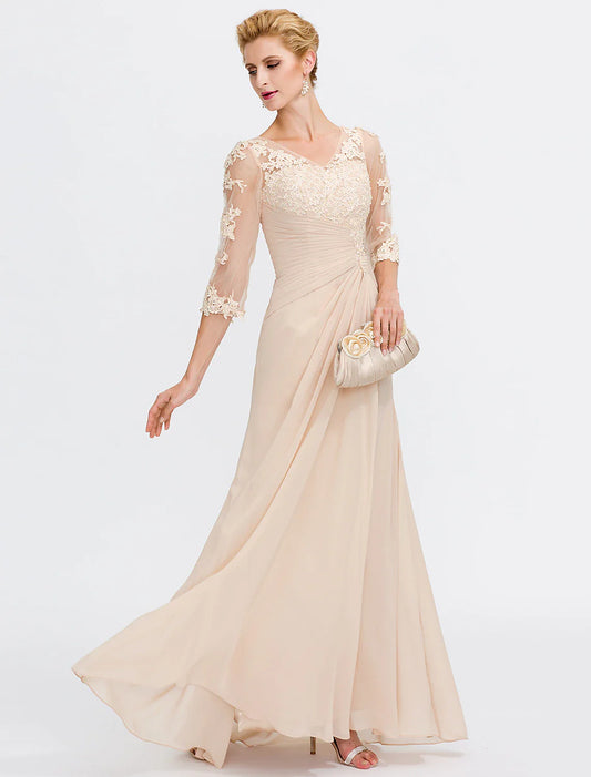 A-Line Mother of the Bride Dress Fall Wedding Guest Dresses Plus Size Elegant See Through V Neck Floor Length Chiffon Half Sleeve with Appliques Side Draping