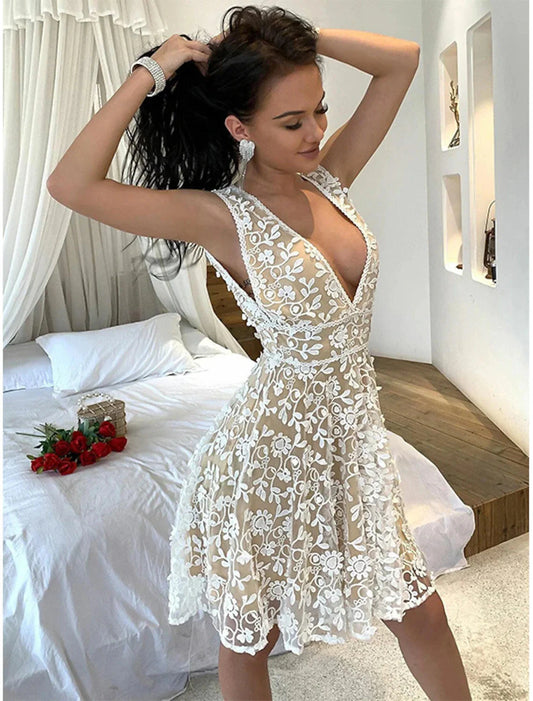 Women's Party Dress Lace Dress Homecoming Dress Midi Dress White Sleeveless Pure Color Lace Summer Spring V Neck Hot Spring Dress by YiHuiw