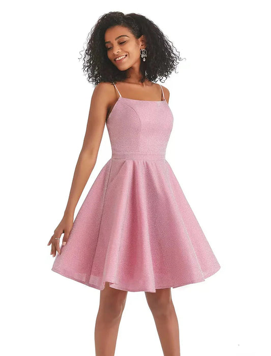 A-Line Homecoming Dresses Backless Dress Graduation Cocktail Party Short / Mini Sleeveless Spaghetti Strap Pink Dress Lurex Fabric with Sequin Strappy by YiHuiw