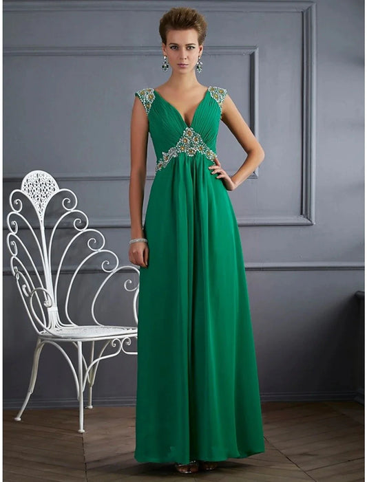A-Line Evening Gown Sparkle & Shine Dress Formal Floor Length Sleeveless V Neck Chiffon with Rhinestone Ruched by YiHuiw