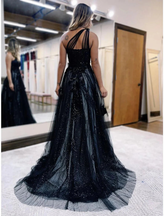 A-Line Prom Dresses Color Block Dress Formal Wedding Guest Sweep / Brush Train Sleeveless One Shoulder Tulle Backless with Pleats Appliques by YiHuiw