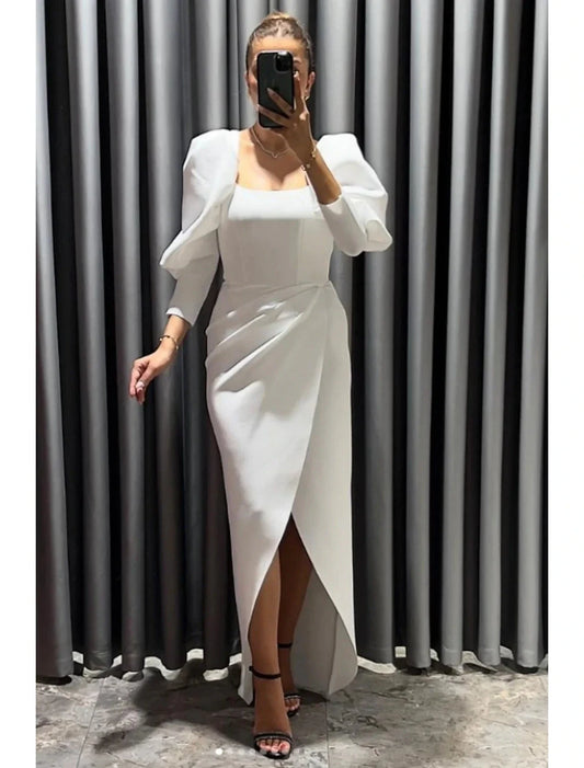 Sheath / Column Evening Gown Elegant Dress Formal Fall Asymmetrical 3/4 Length Sleeve Square Neck Fabric with Ruched Slit by YiHuiw