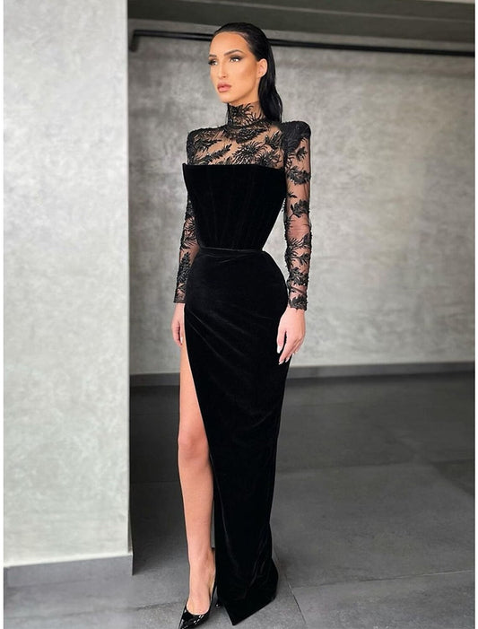 Sheath / Column Evening Gown Elegant Dress Formal Floor Length Long Sleeve High Neck Lace with Slit by YiHuiw