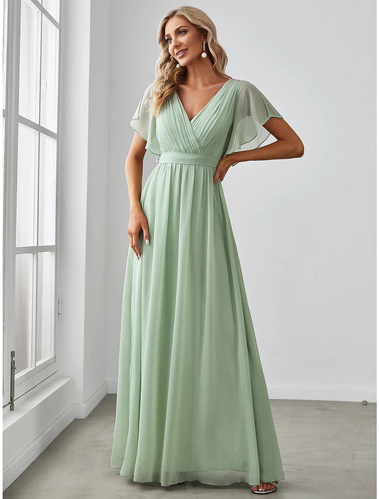 A-Line Bridesmaid Dress V Neck Short Sleeve Elegant Chiffon with Ruffles / Solid Color
