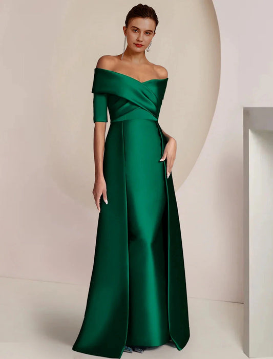 Sheath / Column Mother of the Bride Dress Formal Wedding Guest Party Elegant Off Shoulder Floor Length Satin Half Sleeve with Ruching by YiHuiw