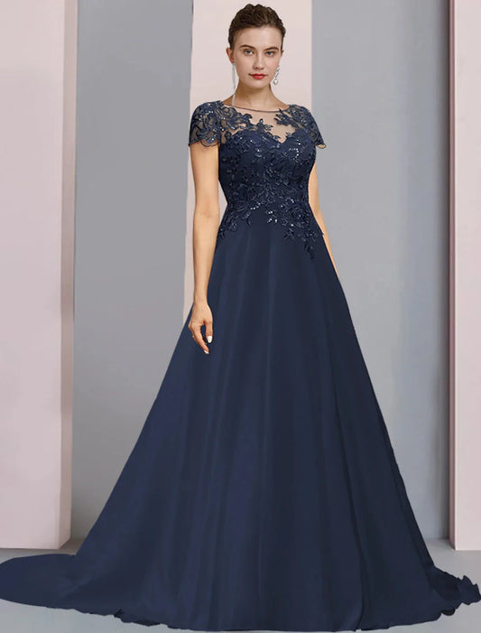 A-Line Mother of the Bride Dress Formal Wedding Guest Party Elegant Scoop Neck Sweep / Brush Train Satin Lace Short Sleeve with Sequin Appliques by YiHuiw