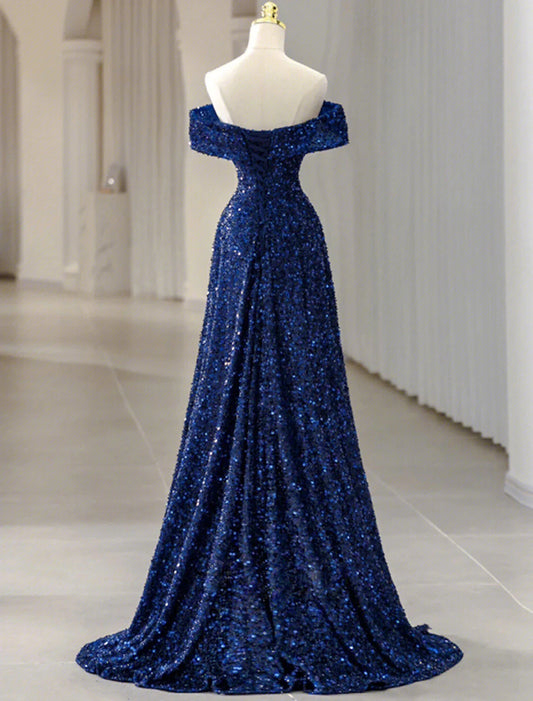 A-Line Evening Gown Sparkle & Shine Dress Formal Wedding Party Sweep / Brush Train Sleeveless Off Shoulder Sequined with Glitter Sequin by YiHuiw