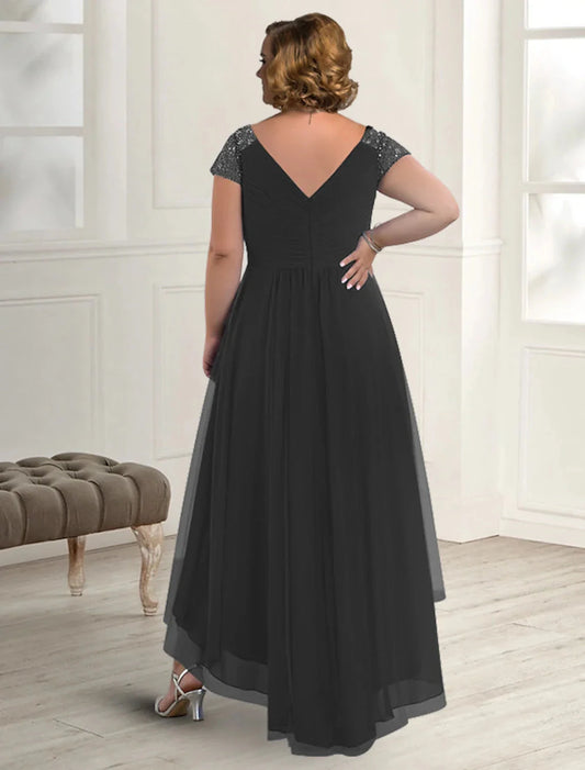 A-Line Mother of the Bride Dress Plus Size Elegant High Low V Neck Asymmetrical Floor Length Chiffon Short Sleeve with Pleats Beading by YiHuiw