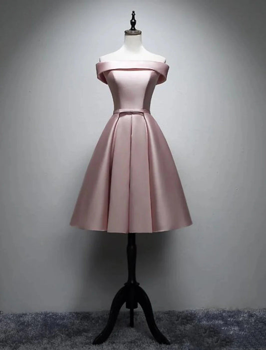 A-Line Bridesmaid Dress Off Shoulder Sleeveless Elegant Tea Length Satin with Bow(s) / Pleats by YiHuiw