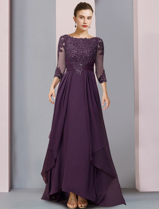 Sheath / Column Mother of the Bride Dress Formal Party Elegant Scoop Neck Asymmetrical Chiffon Lace 3/4 Length Sleeve with Pleats Sequin by YiHuiw