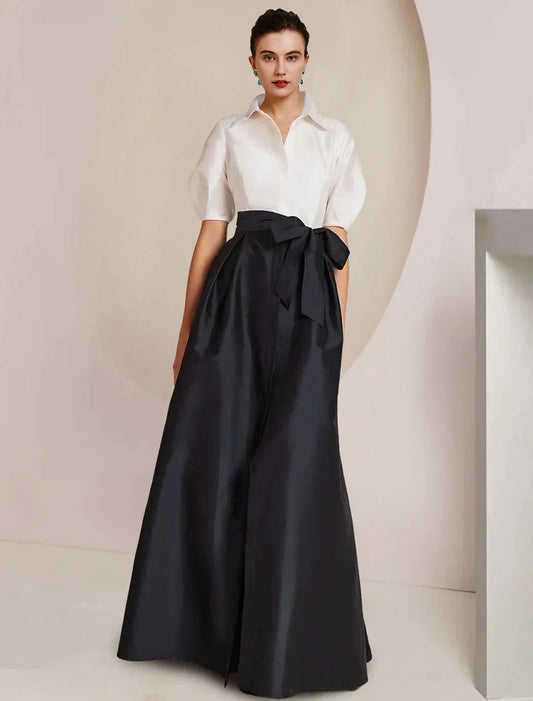 A-Line Mother of the Bride Dress Formal Wedding Guest Party Elegant Shirt Collar Floor Length Taffeta Short Sleeve with Bow(s) Color Block by YiHuiw