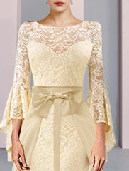 Two Piece Sheath / Column Mother of the Bride Dress Formal Wedding Guest Elegant Scoop Neck Knee Length Chiffon Lace 3/4 Length Sleeve with Bow(s)