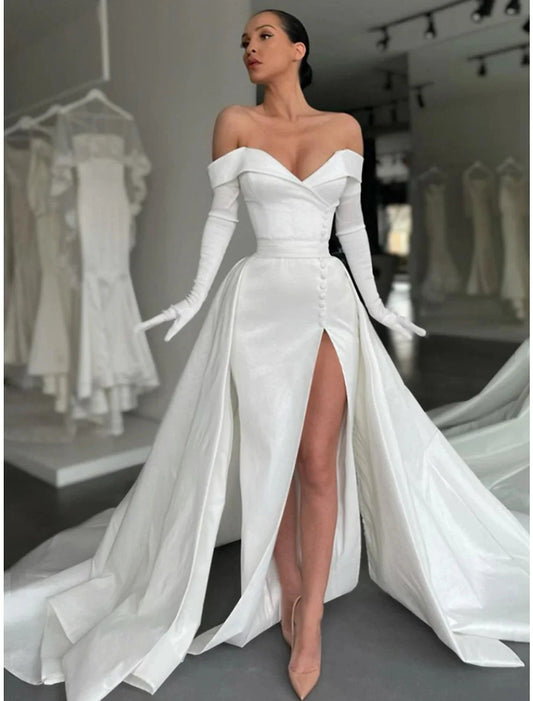 A-Line Evening Gown Elegant Dress Formal Court Train Long Sleeve Off Shoulder Satin with Buttons Pleats Slit by YiHuiw