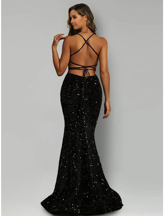 Mermaid / Trumpet Evening Gown Black Dress Formal Sweep / Brush Train Sleeveless Halter Sequined with Sequin by YiHuiw