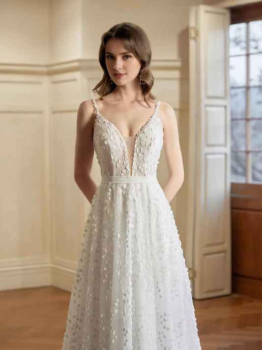 A-Line Spaghetti Strap Floor-Length Wedding Dress - Yihuiw by Yihuiw