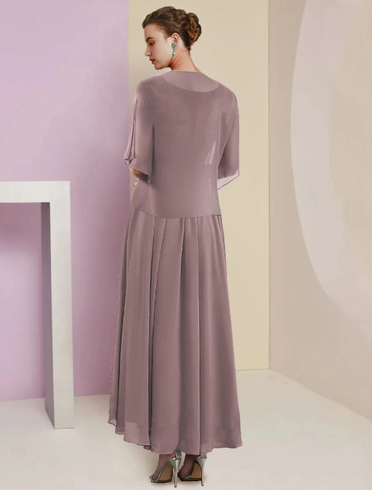 Two Piece A-Line Mother of the Bride Dress Formal Wedding Guest Elegant V Neck Tea Length Chiffon Lace Short Sleeve Jacket Dresses with Pleats Appliques by YiHuiw