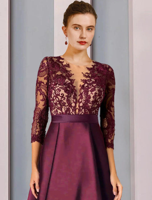 A-Line Mother of the Bride Dress Formal Church Elegant High Low Scoop Neck Asymmetrical Tea Length Satin Lace 3/4 Length Sleeve with Appliques by YiHuiw