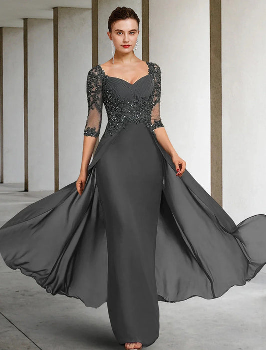 Sheath / Column Mother of the Bride Dress Formal Wedding Guest Party Elegant Square Neck Floor Length Chiffon Lace 3/4 Length Sleeve with Sequin Appliques Ruching by YiHuiw