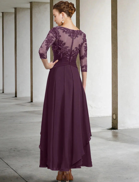 A-Line Mother of the Bride Dress Appliques Fall Wedding Guest Plus Size Elegant Scoop Neck Ankle Length Chiffon Lace Sequin 3/4 Length Sleeve with Ruched by YiHuiw