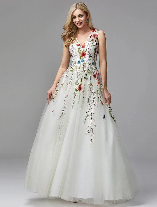 A-Line Special Occasion Dresses Floral Dress Homecoming Quinceanera Floor Length Sleeveless V Neck Lace with Embroidery Appliques by YiHuiw