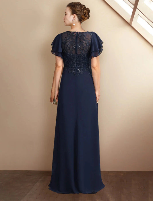A-Line Mother of the Bride Dress Plus Size Elegant Jewel Neck Floor Length Chiffon Lace Short Sleeve with Sequin Appliques by YiHuiw