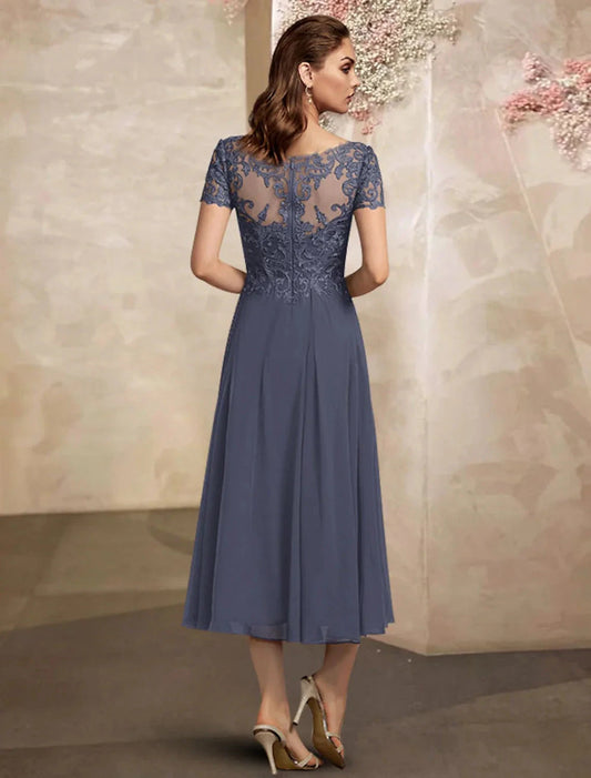 A-Line Mother of the Bride Dress Plus Size Elegant V Neck Tea Length Chiffon Lace Short Sleeve with Pleats Appliques by YiHuiw
