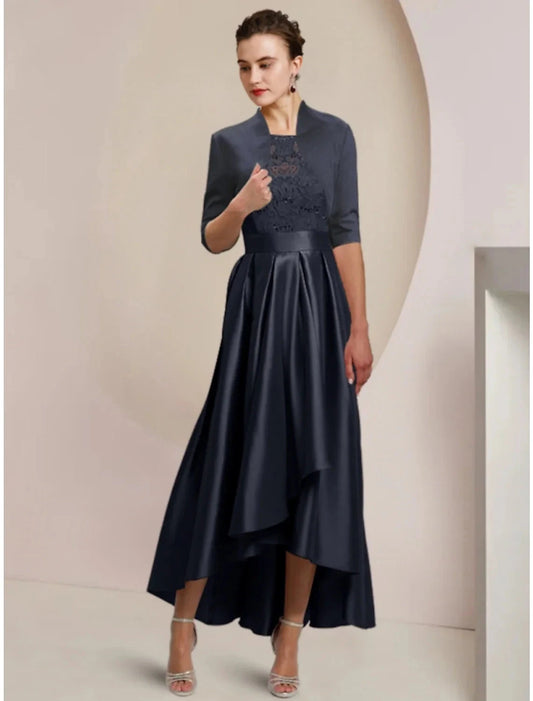 Sheath / Column Mother of the Bride Dress Wedding Guest Minimalist Elegant Scoop Neck Asymmetrical Ankle Length Satin Lace Half Sleeve with Pleats Solid Color by YiHuiw