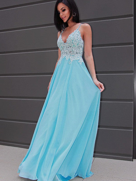 A-Line/Princess Chiffon Applique Sleeveless V-neck Sweep/Brush Train Dresses by YiHuiw