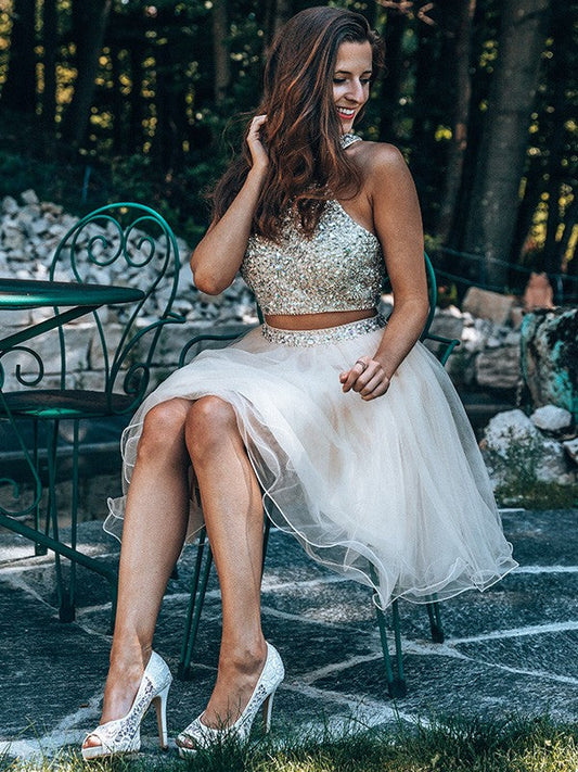 A-Line/Princess Scoop Beading Sleeveless Short/Mini Tulle Two Piece Homecoming Dresses by YiHuiw