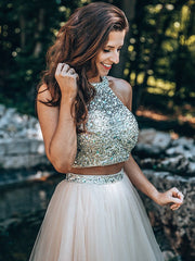 A-Line/Princess Scoop Beading Sleeveless Short/Mini Tulle Two Piece Homecoming Dresses