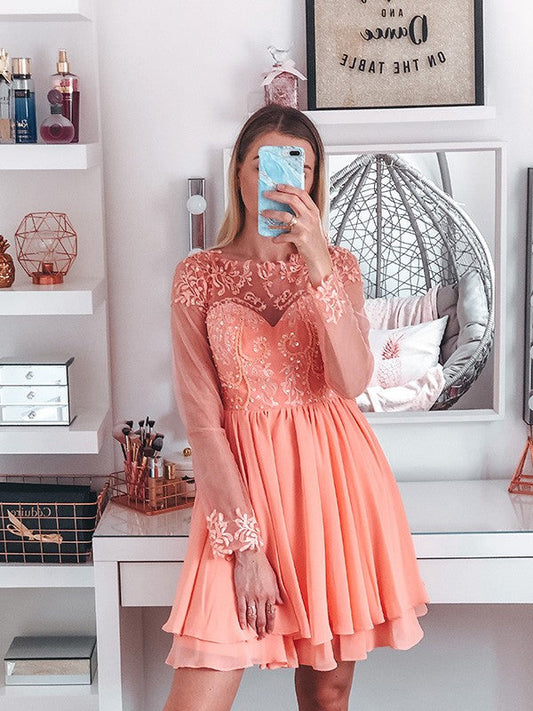 A-Line/Princess Bateau Long Sleeves Short/Mini Applique Chiffon Homecoming Dresses by YiHuiw
