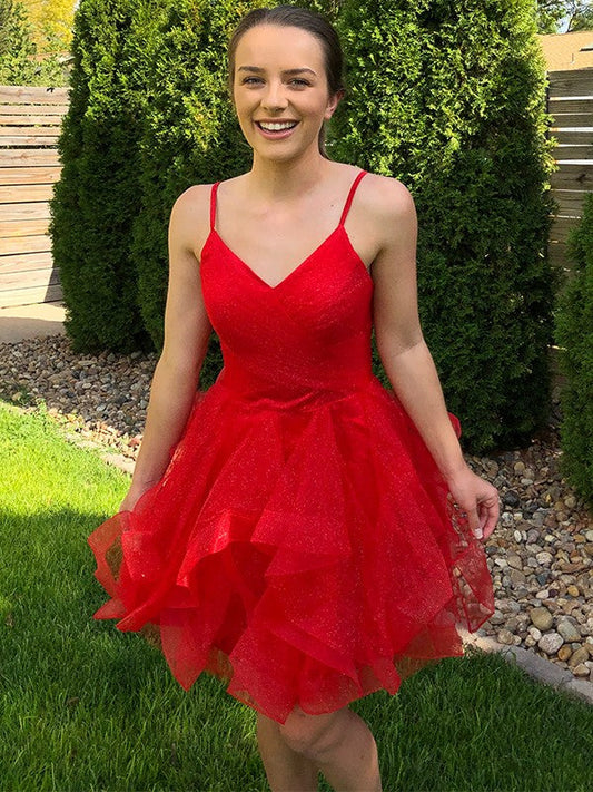 A-Line/Princess Spaghetti Straps Ruffles Sleeveless Tulle Short/Mini Homecoming Dresses by YiHuiw