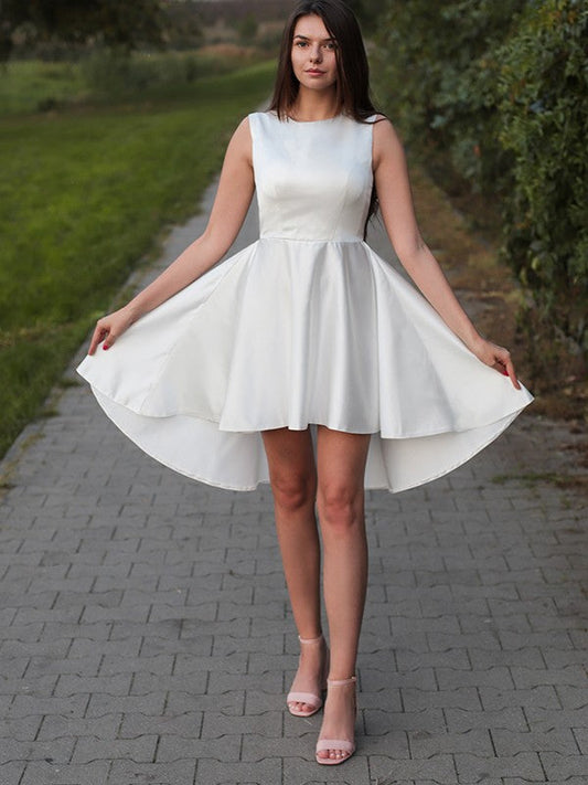 A-Line/Princess Satin Ruffles Jewel Sleeveless Short/Mini Homecoming Dresses by YiHuiw