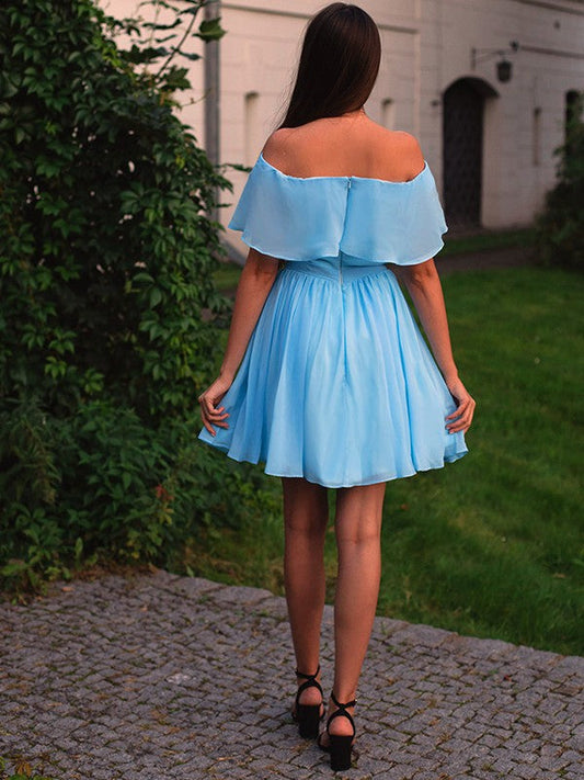 A-Line/Princess Sleeveless Chiffon Off-the-Shoulder Ruffles Short/Mini Homecoming Dresses by YiHuiw