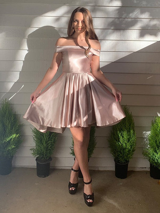 A-Line/Princess Off-the-Shoulder Satin Sleeveless Ruffles Short/Mini Homecoming Dresses by YiHuiw