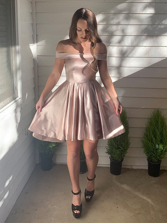 A-Line/Princess Off-the-Shoulder Satin Sleeveless Ruffles Short/Mini Homecoming Dresses by YiHuiw