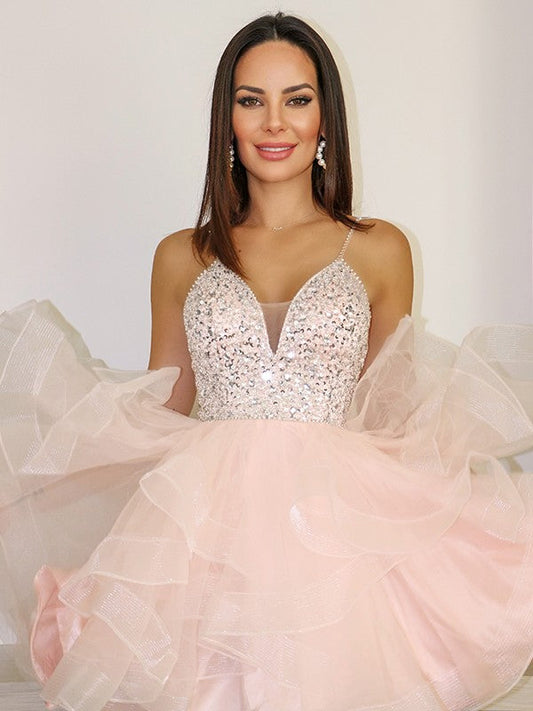 A-Line/Princess Spaghetti Straps Tulle Beading Sleeveless Short/Mini Homecoming Dresses by YiHuiw